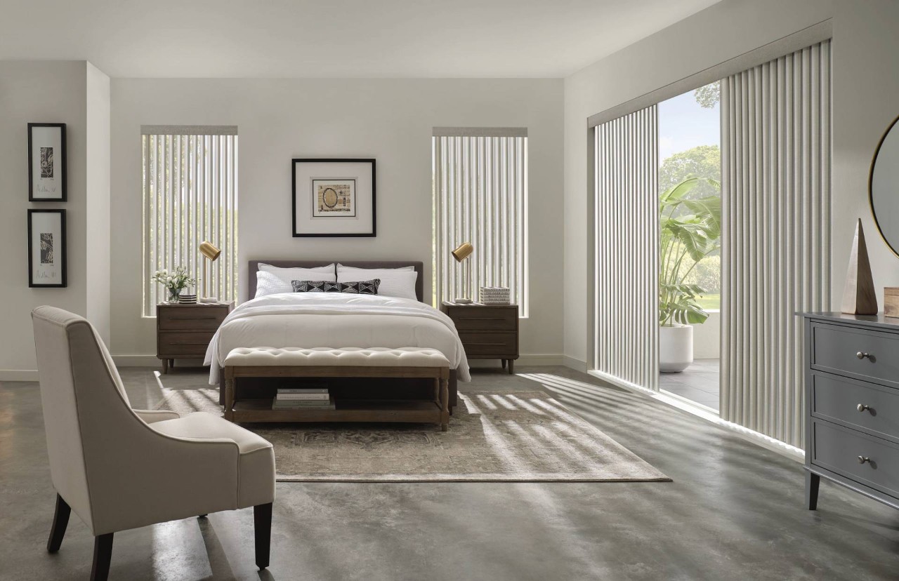 Hunter Douglas vertical blinds in a contemporary bedroom near North Fort Meyers, FL