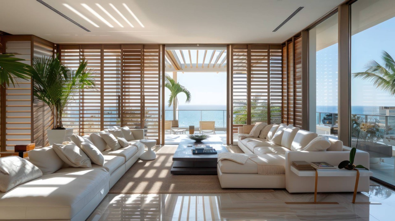 Enclosed patio featuring plantation shutters for patio doors in a home near Fort Myers, FL