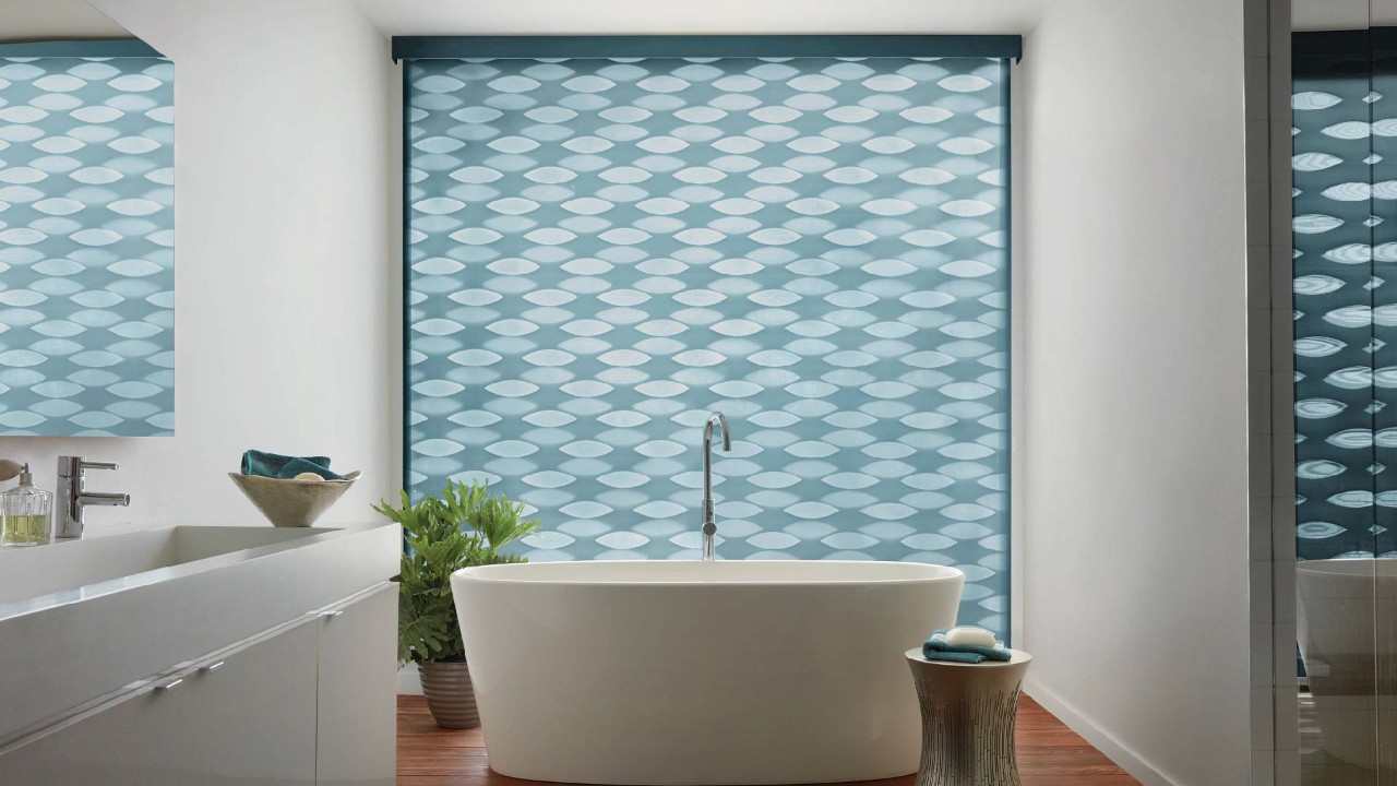 Hunter Douglas patterned window shades in a bathroom near North Fort Myers, FL