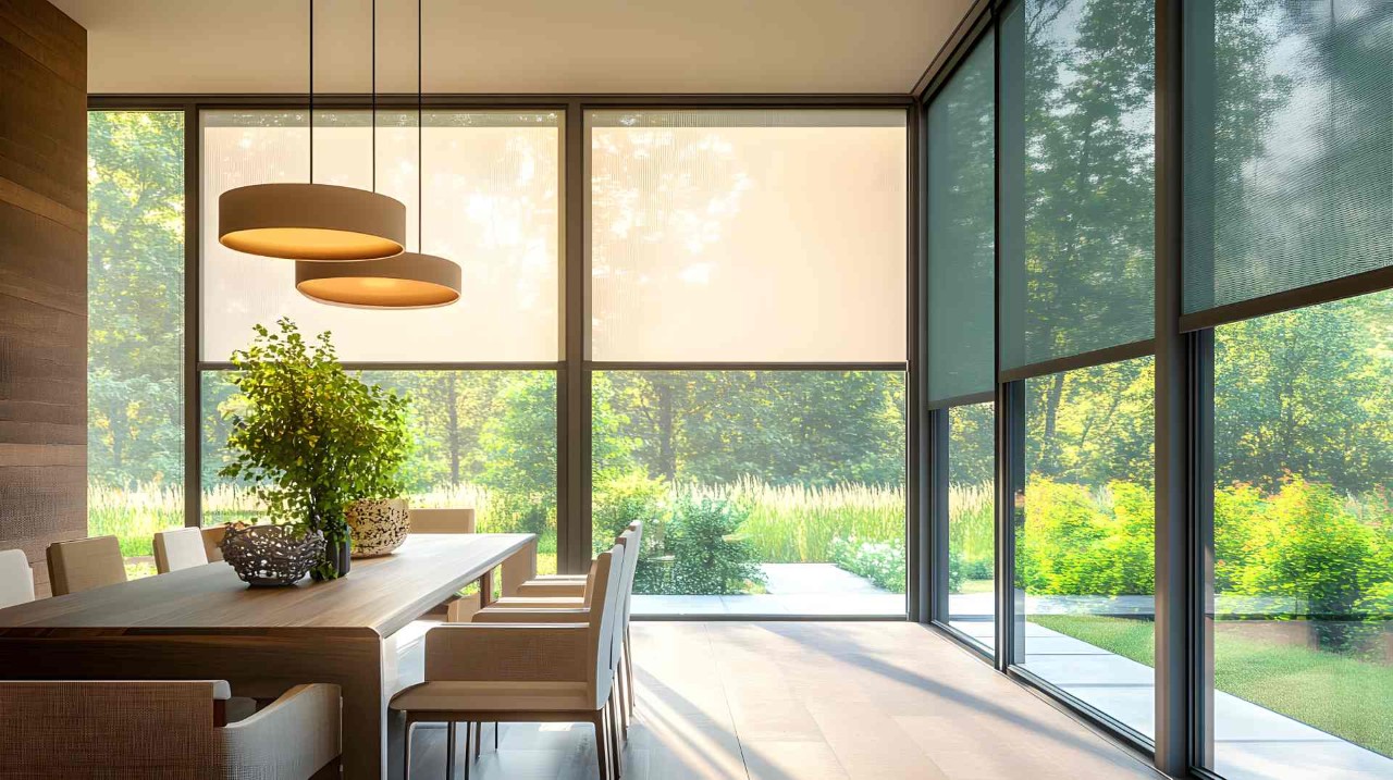 Sheer dining room window treatments in a modern dining room at Visual Creations near Fort Myers, FL